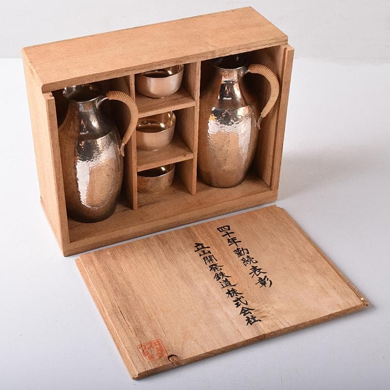 ウスヰ謹製　純銀製　酒器　ちろり二本　酒盃三客　計約258g　共箱　FR8220