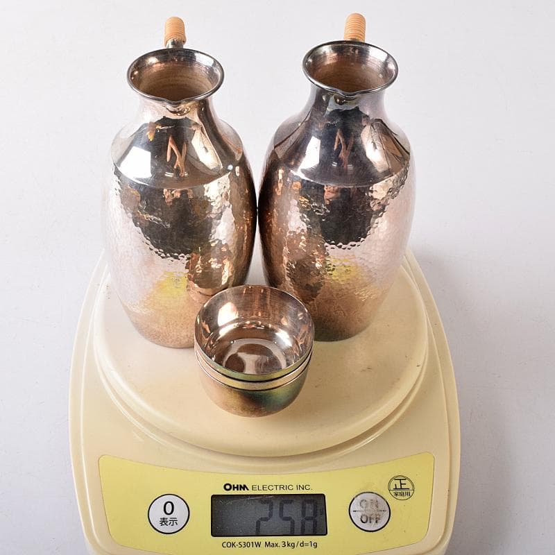 ウスヰ謹製　純銀製　酒器　ちろり二本　酒盃三客　計約258g　共箱　FR8220