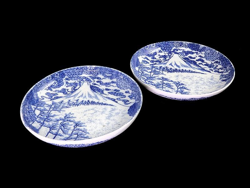 古伊万里　型刷り印判　染付　富士に龍の図　５寸皿　２枚　F175 AS-fbqv