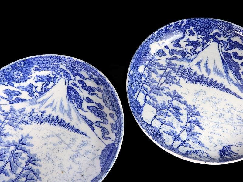 古伊万里　型刷り印判　染付　富士に龍の図　５寸皿　２枚　F175 AS-fbqv