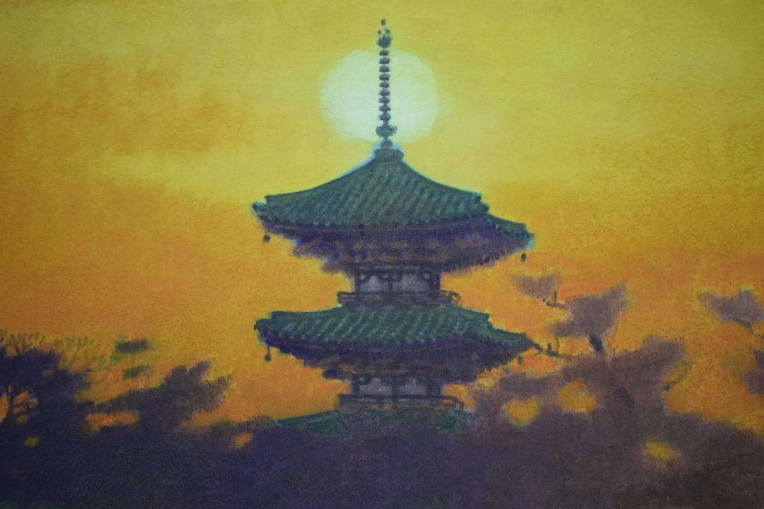 真作/文男/斑鳩/法隆寺/桐共太巻箱付/布袋屋掛軸HF-476