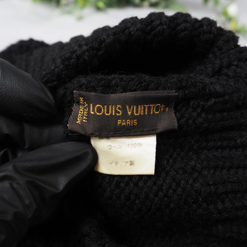 LOUIS VUITTON　ダミエ柄ニット帽 レザーパッチ 黒 イタリア製