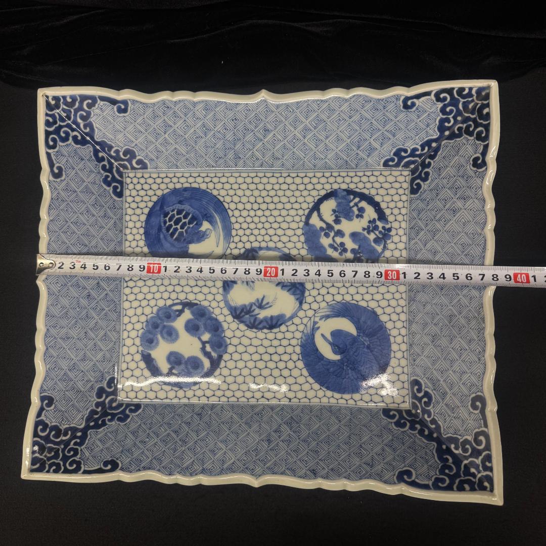 古伊万里 希少 角皿 染付松竹梅鶴亀紋絵飾り皿 手描き アンティーク 骨董