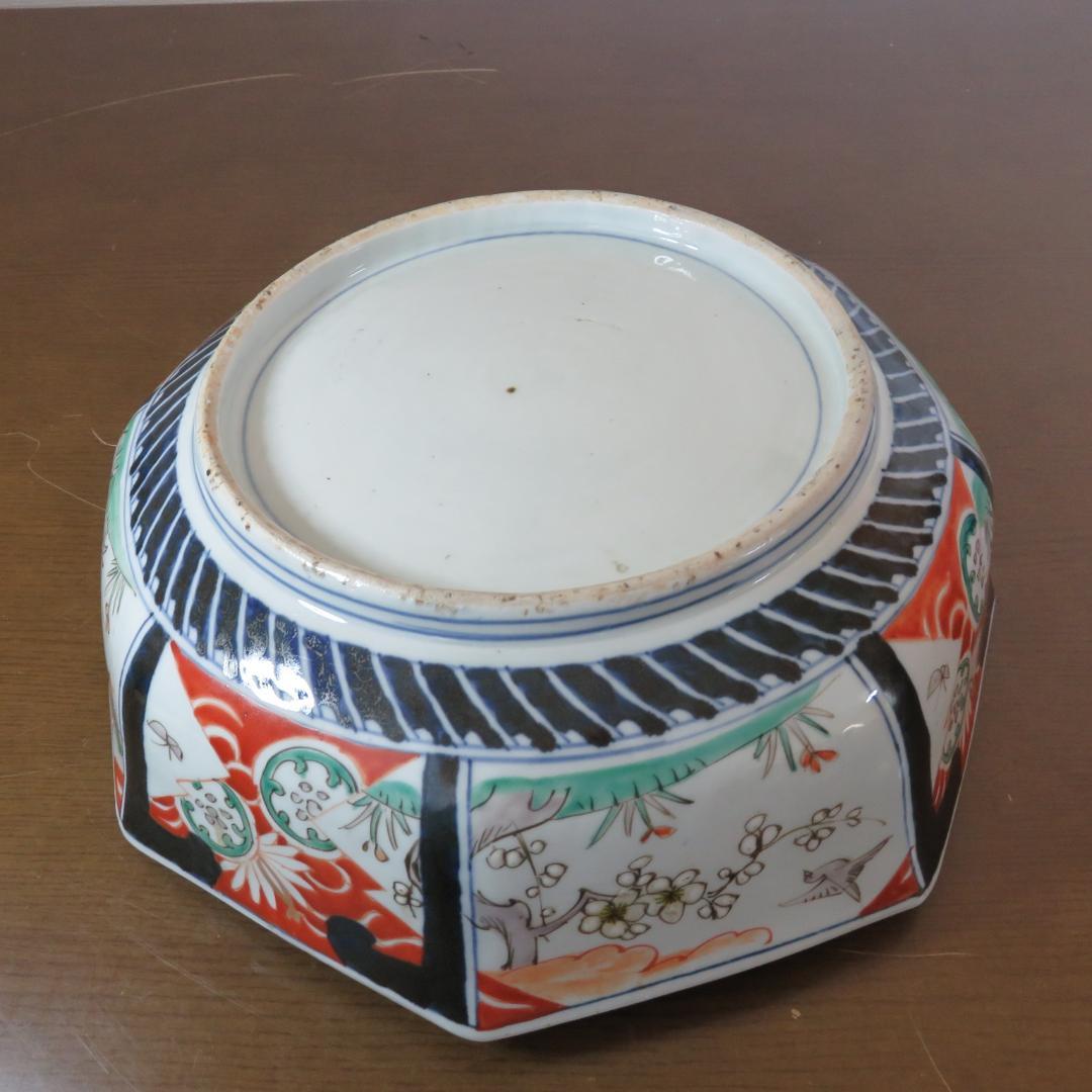 角鉢 八角鉢 伊万里 松竹梅 鳥 蝶 窯傷 歪み 明治前後