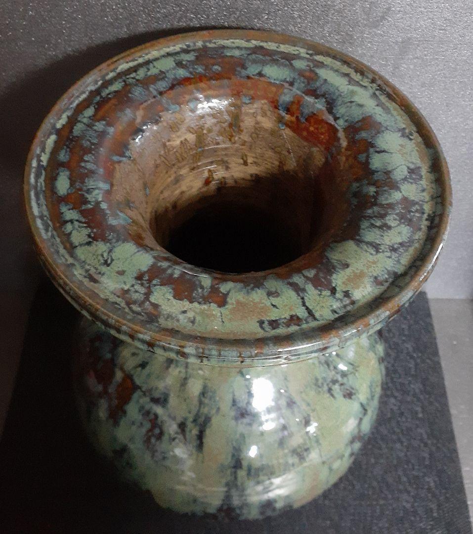 国指定重要無形文化財【小鹿田焼】飴釉　緑釉　打ち掛け　流し釉　双耳広口大壺　花器