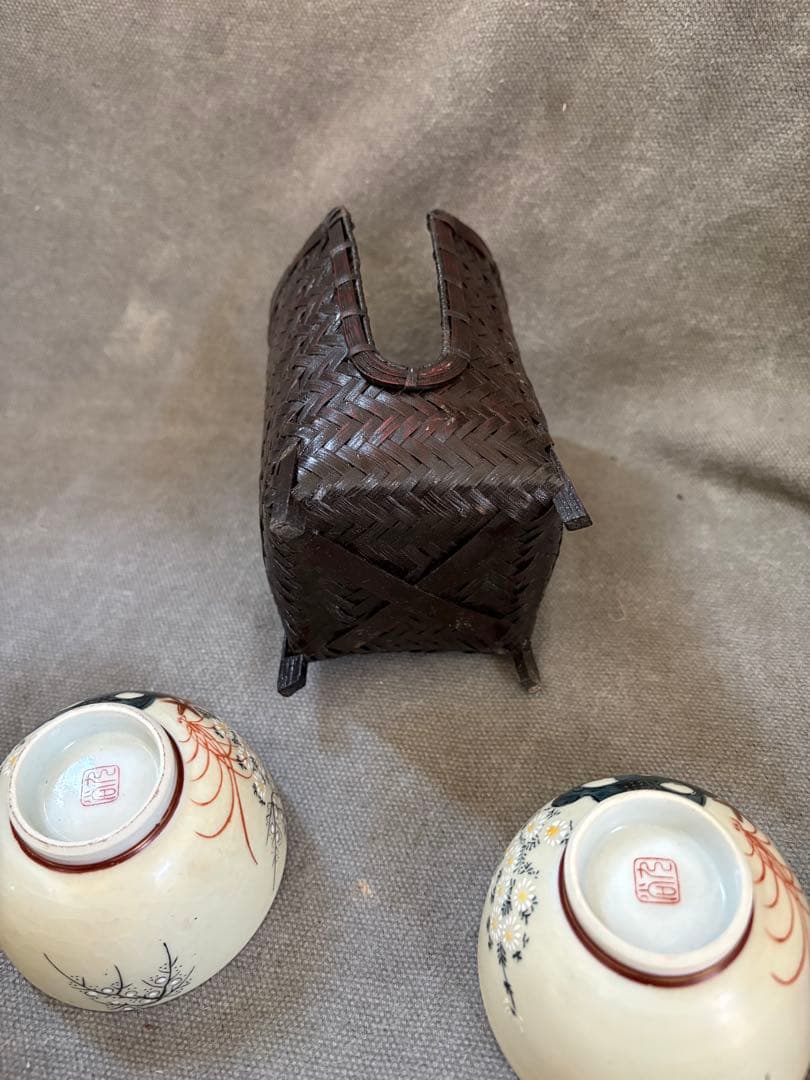 煎茶道具　九谷　煎茶椀5点　竹杯籠　茶道具　煎茶道　紅葉と花の絵柄