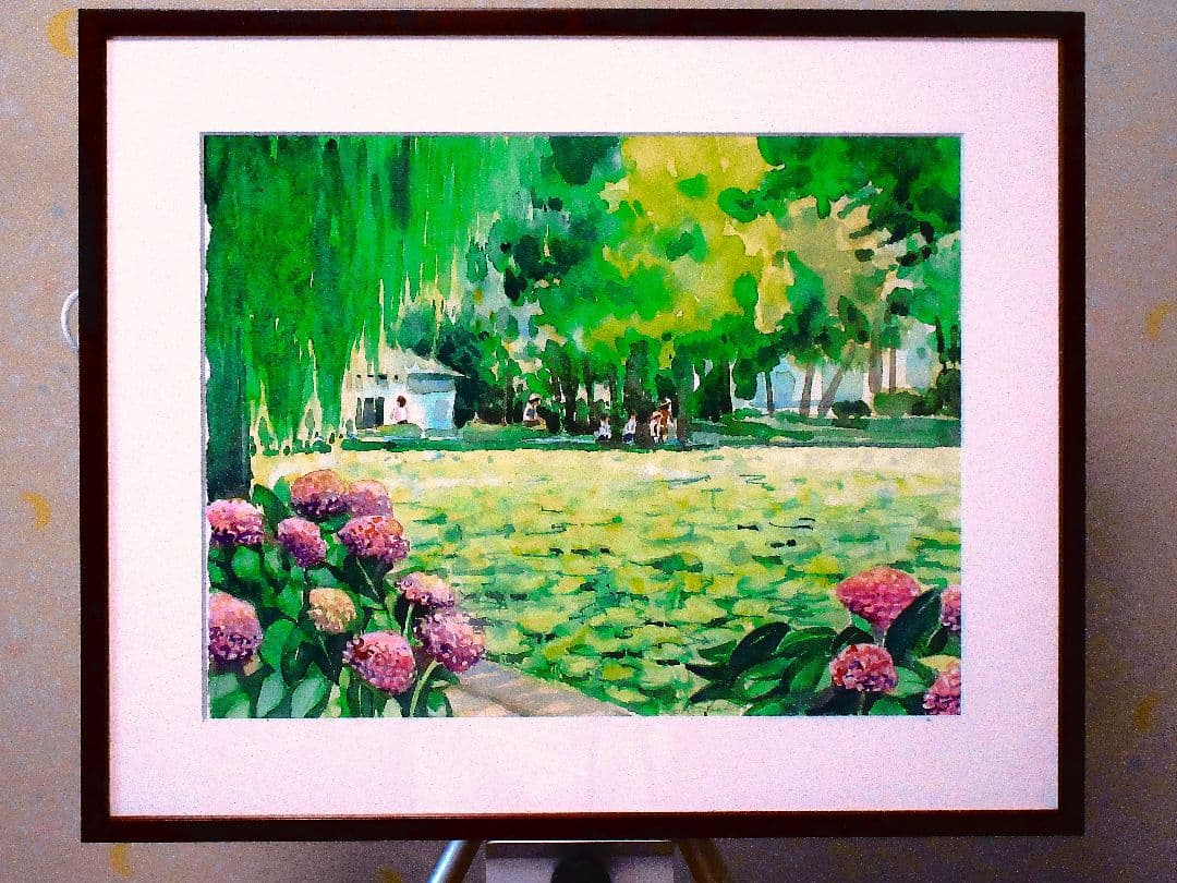 不忍池にて(水彩画額装済み)