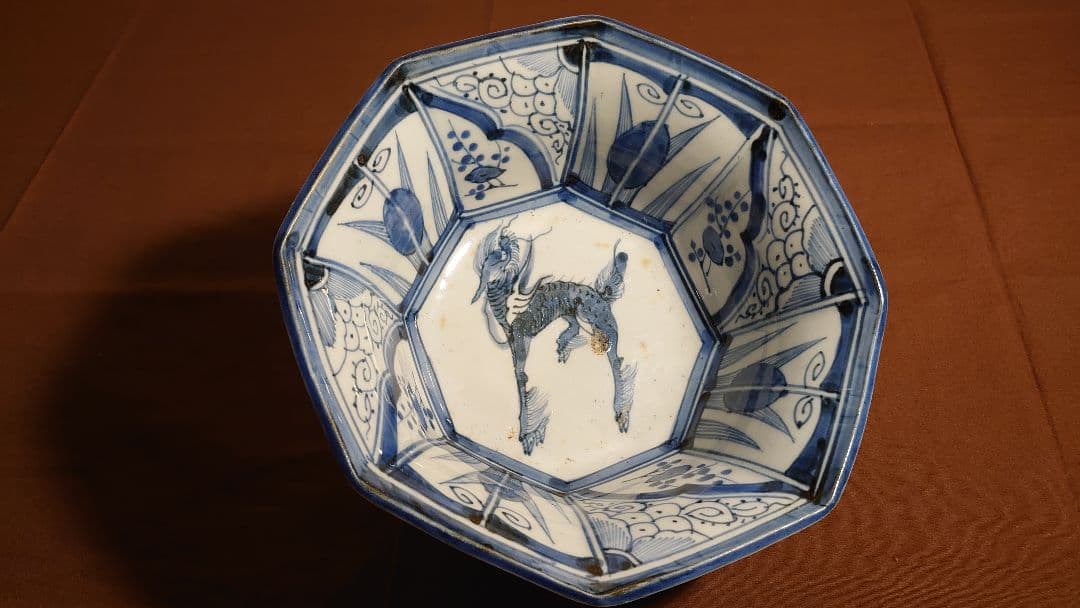 古伊万里　伊万里　染付　麒麟の図　８角鉢　アンティーク伊万里　1１客