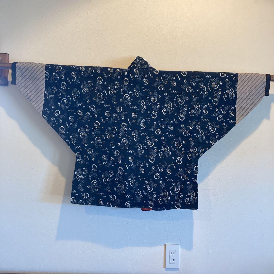 古布　両面染め　型染　藍染　上っ張り　紅花染め　団扇