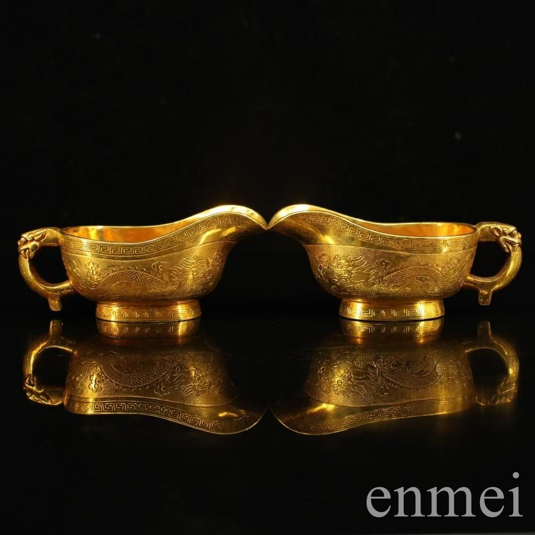 中国古美術・珍蔵浮彫鎏金双龍ワイングラス純銅制・純手作り・文房具・賞物 ·酒具