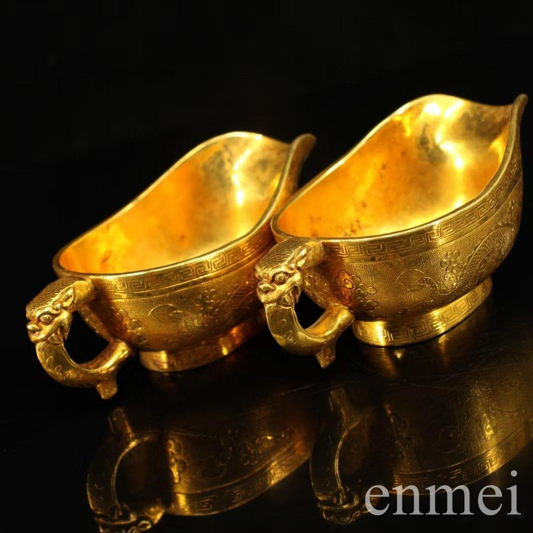 中国古美術・珍蔵浮彫鎏金双龍ワイングラス純銅制・純手作り・文房具・賞物 ·酒具