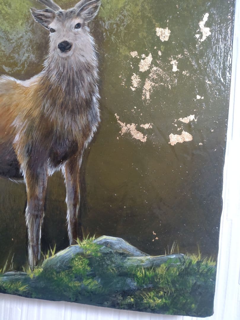 エゾシカの油絵【タイトル:僥倖】1点物の原画◆作者サイン入り◆F3号キャンバス