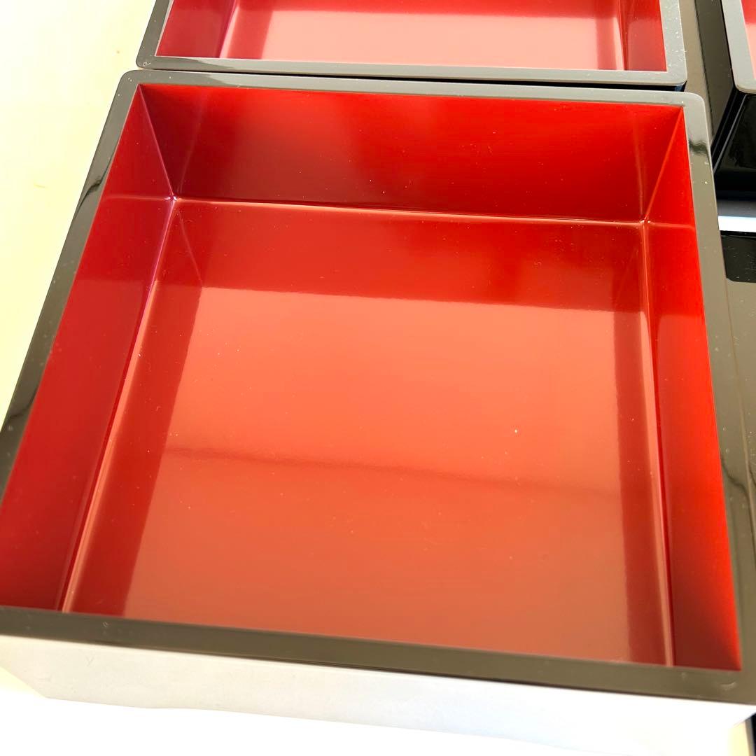 【美品】木製 漆器 三段重 黒塗 重箱 お重 黒 内朱 会津塗り