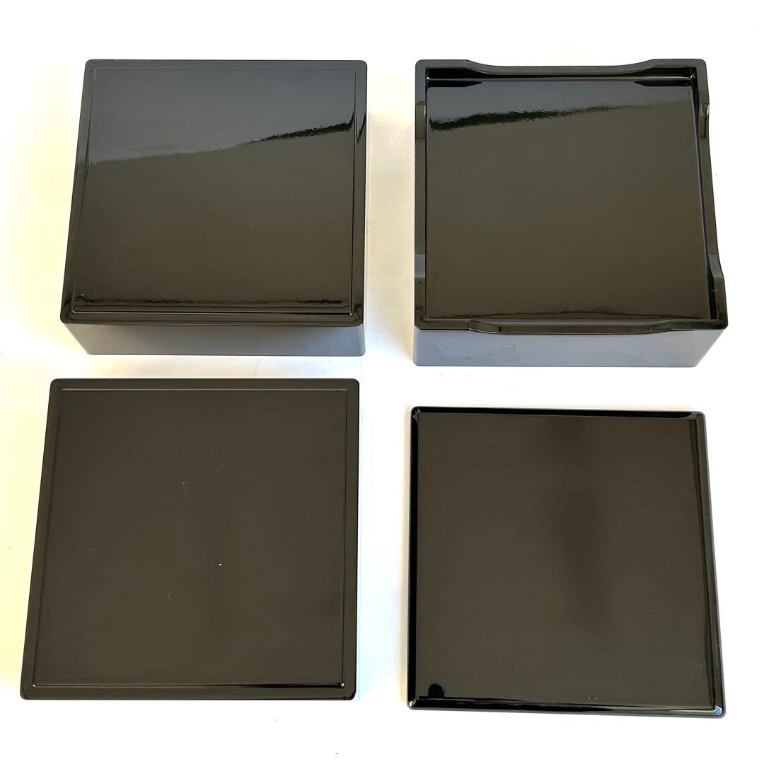【美品】木製 漆器 三段重 黒塗 重箱 お重 黒 内朱 会津塗り