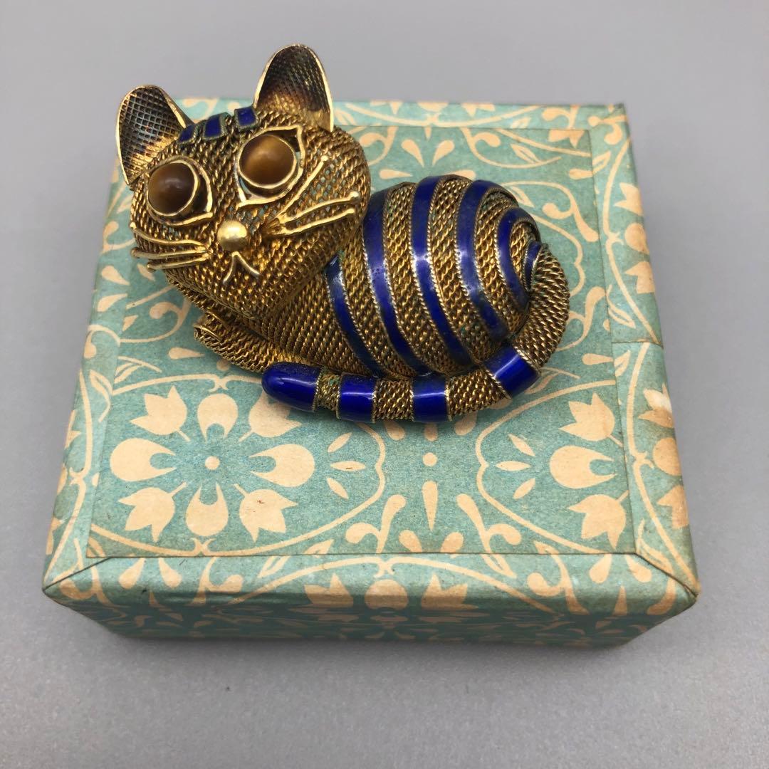 中国骨董品ゴールドメッキブルーエナメルメッシュタイガーアイキャット猫ピンブローチ
