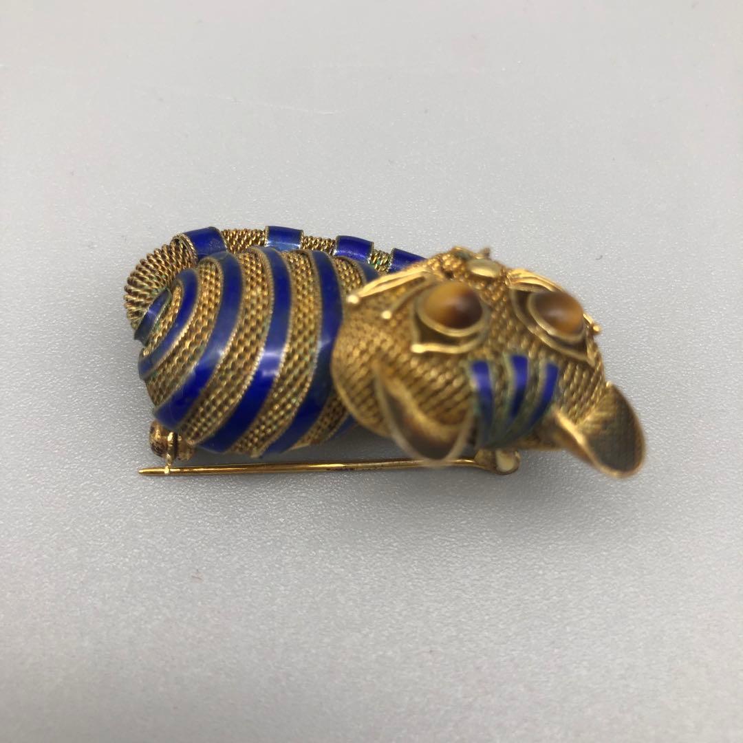 中国骨董品ゴールドメッキブルーエナメルメッシュタイガーアイキャット猫ピンブローチ