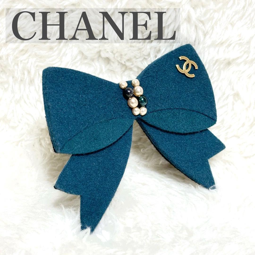 【極美品】CHANEL ブローチ グリーン ココマーク リボン パール フェルト