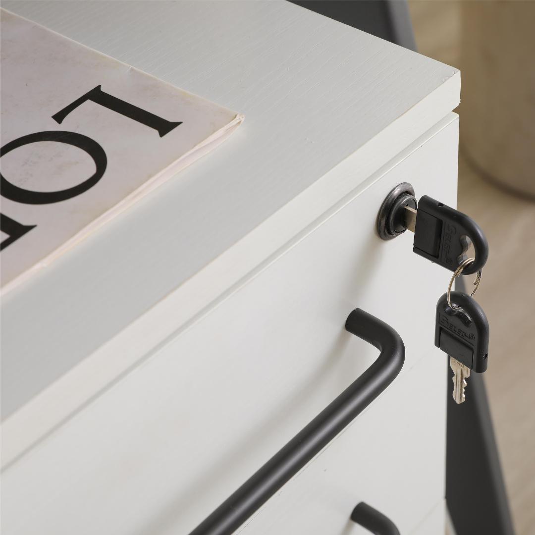 【ホワイト】デスクワゴン サイドワゴン 鍵付き キャスター付き 引き出し3段