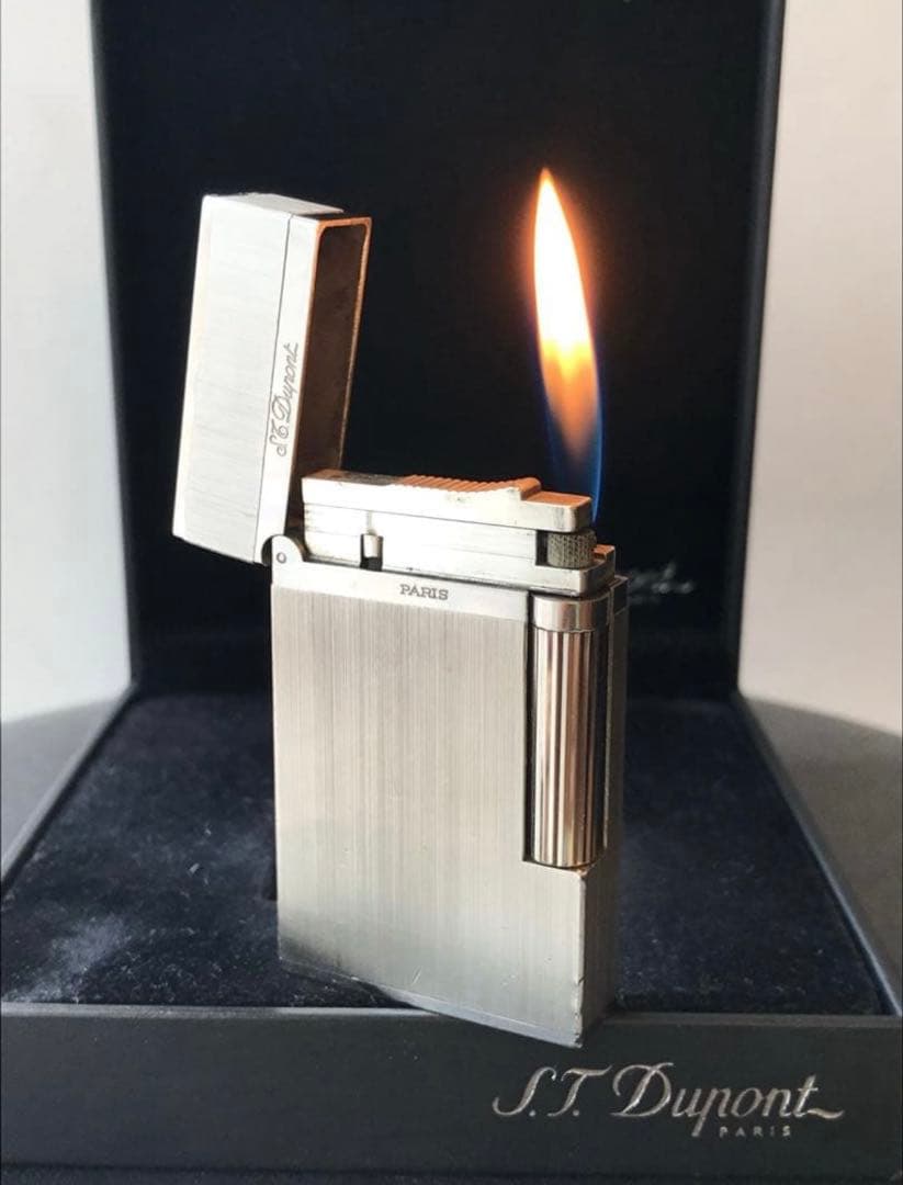 開閉音あり　快音キィーーン　デュポン　ガスライター　シルバー　ライン２