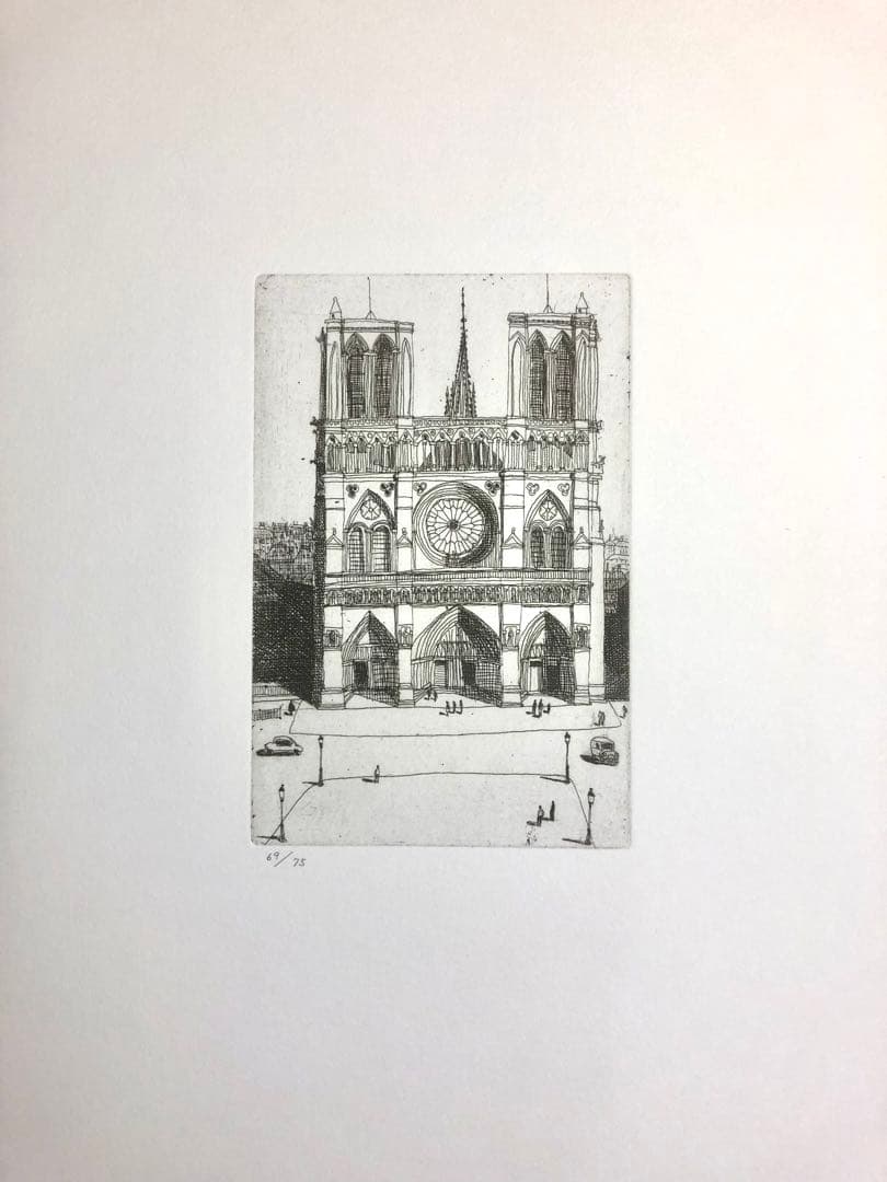 風間完 銅版画「ノートルダム寺院」額装済み