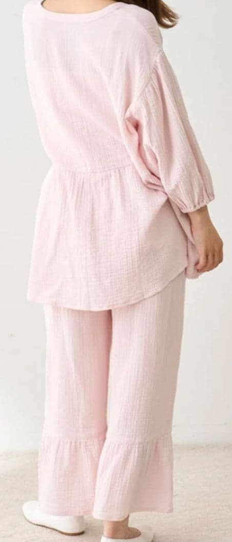 【美品】ジェラートピケ マタニティガーゼ プルオーバー＆ロングパンツセットピンク