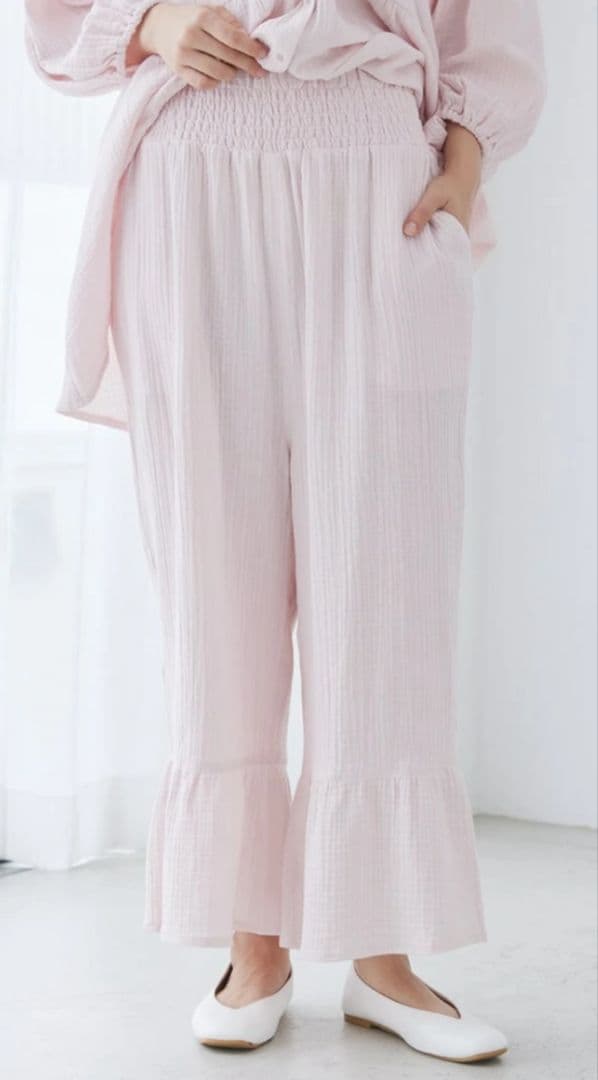 【美品】ジェラートピケ マタニティガーゼ プルオーバー＆ロングパンツセットピンク