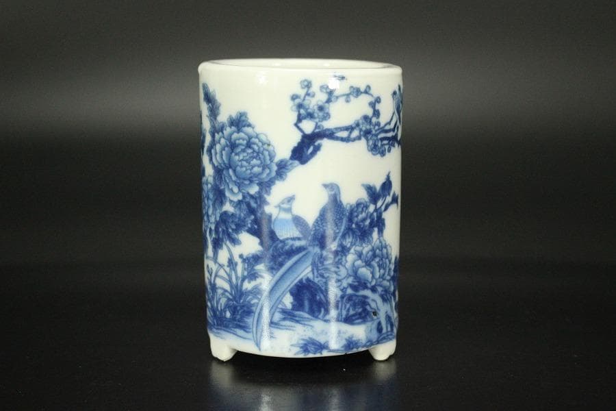 中国美術 青花 花鳥紋 筆筒 乾隆年製 高8cm 文房具(HA414)