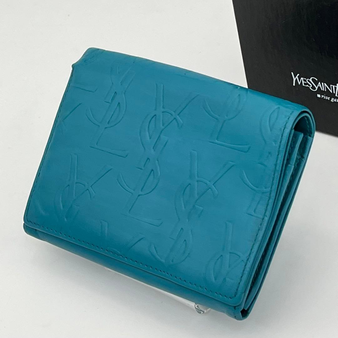 イヴサンローラン 二つ折り財布 カサンドラ YSLロゴ ライトブルー レザー