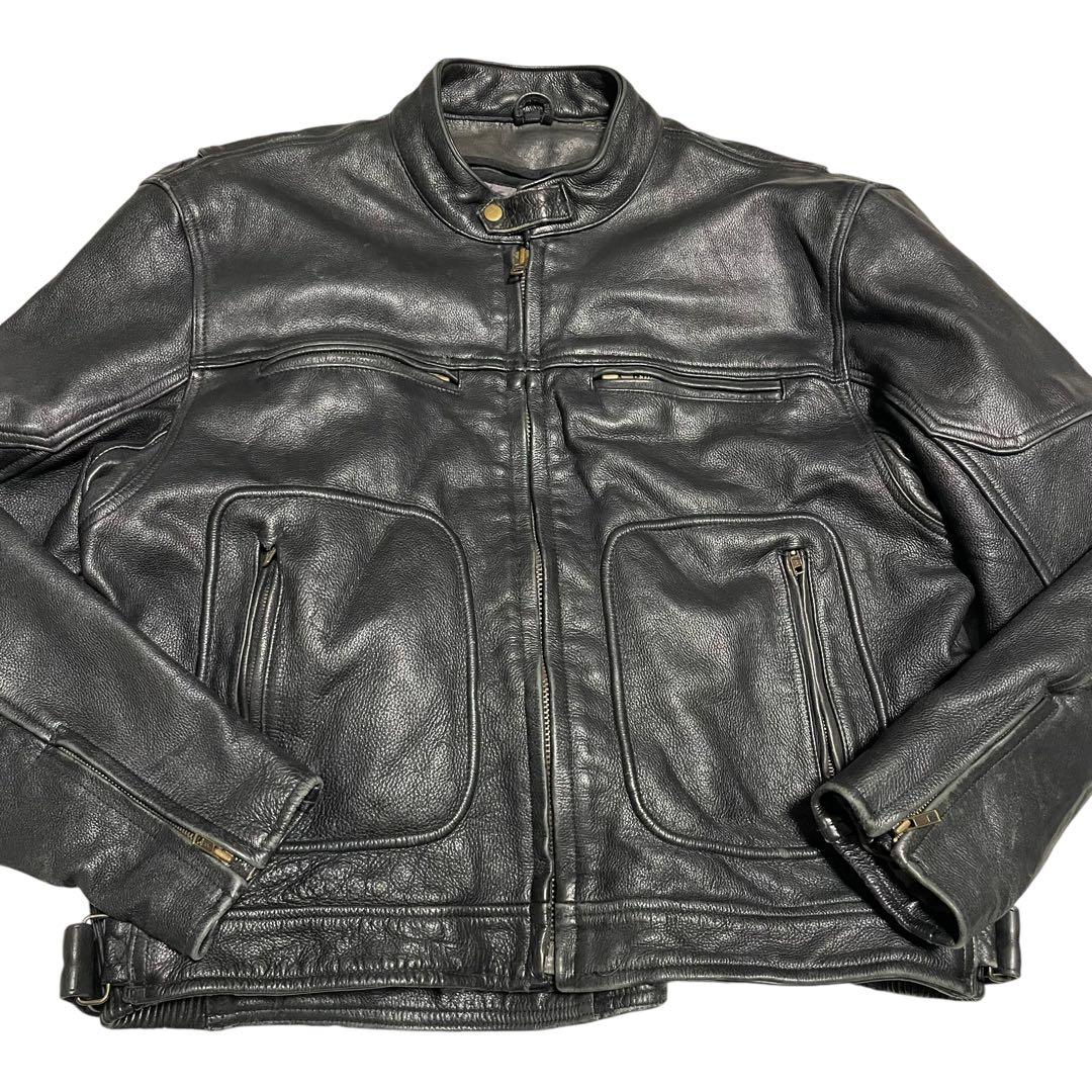 【超大きいサイズ×本革】リアルレザーシングルライダースジャケット USA 黒4L