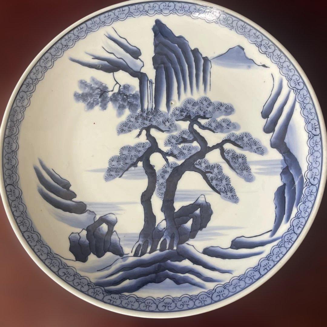 アンティーク　青白磁の風景画皿