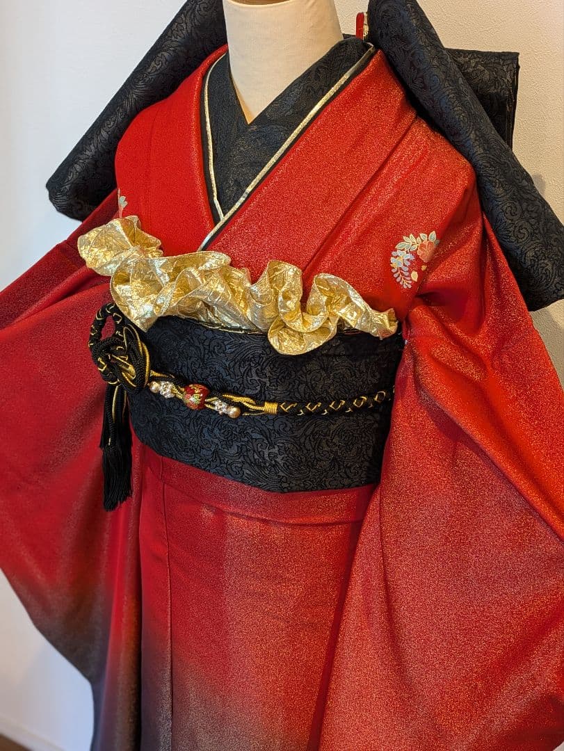 振袖フルセット 身丈165裄68.5 豪華振袖 金通し 赤 黒 逸品 成人式
