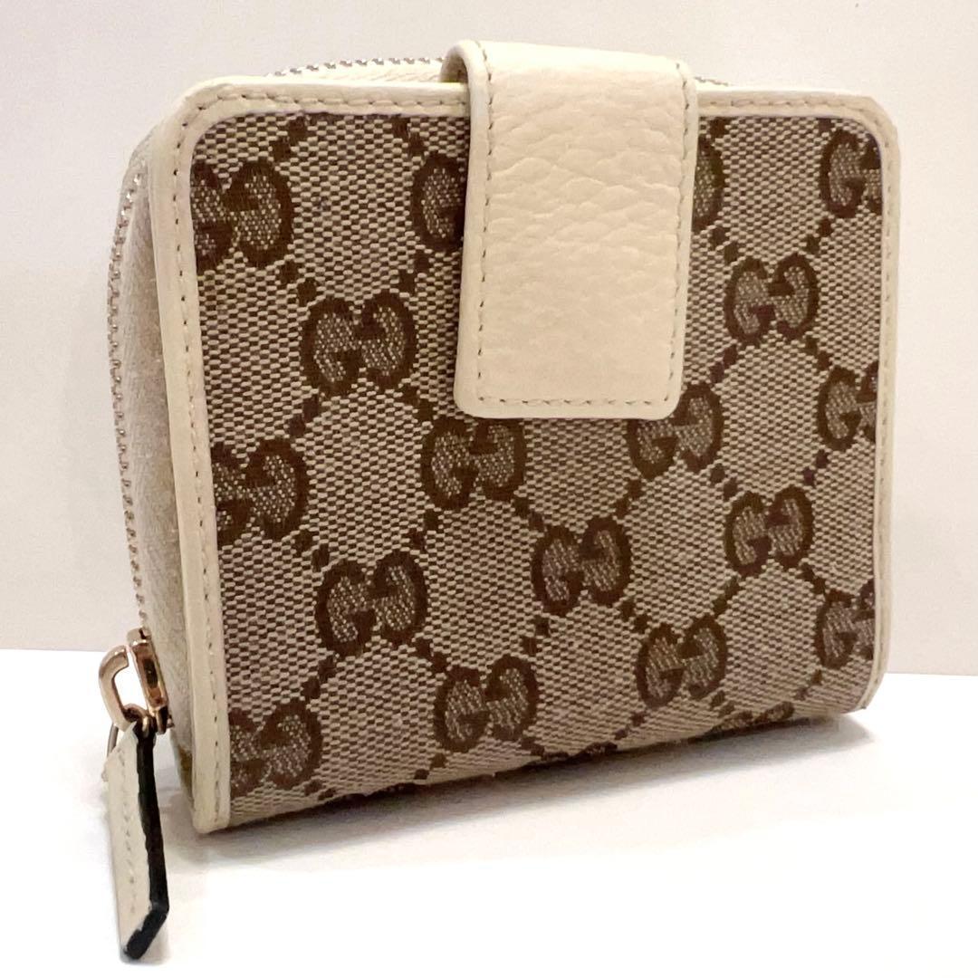グッチ 折り財布 GGキャンバス GG柄 ラウンドファスナー コンパクト 白