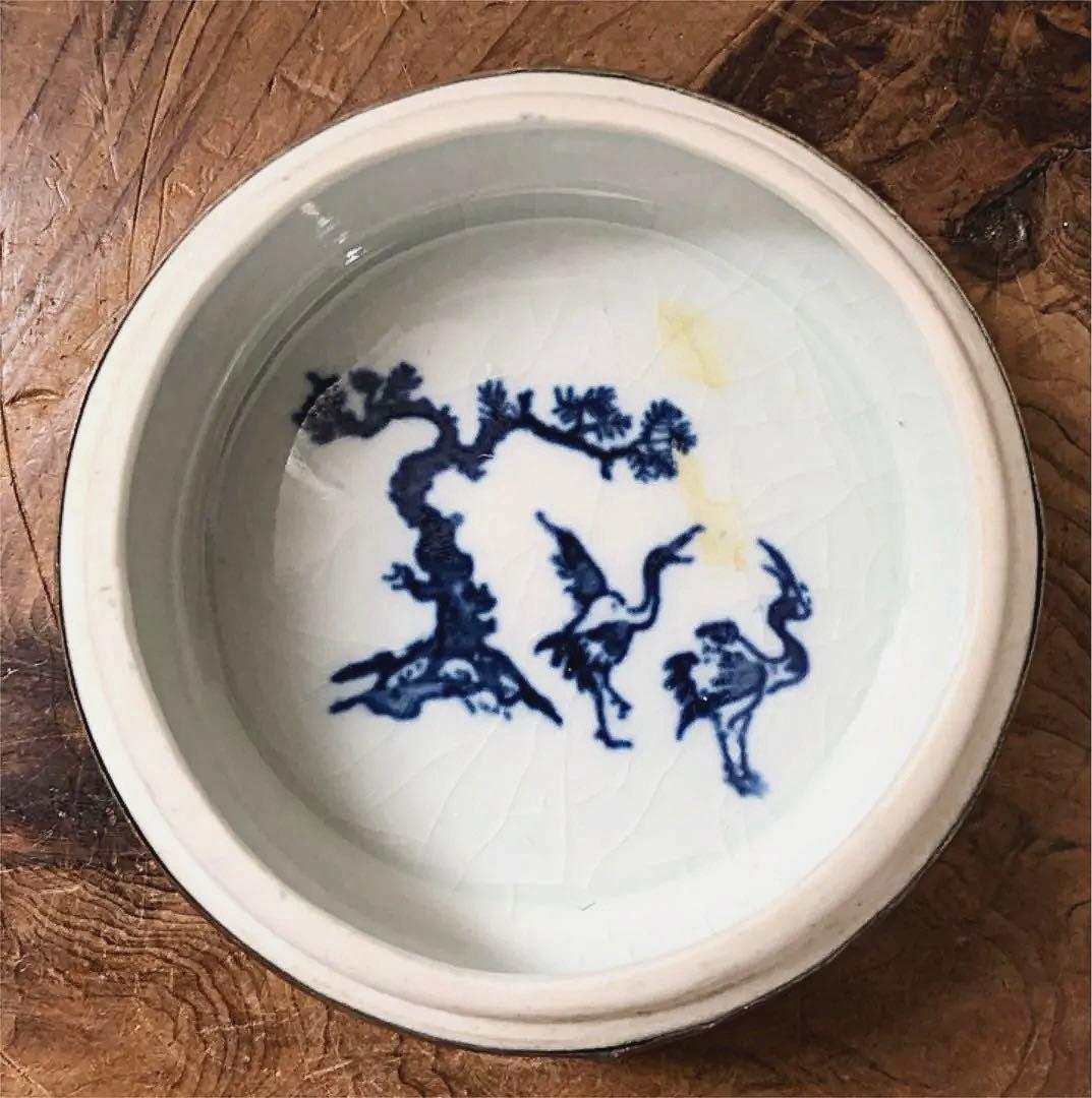 中国美術 時代 香合 銅金具 龍球遊鳳凰彫刻 染付 人物 松鶴紋 蓋物