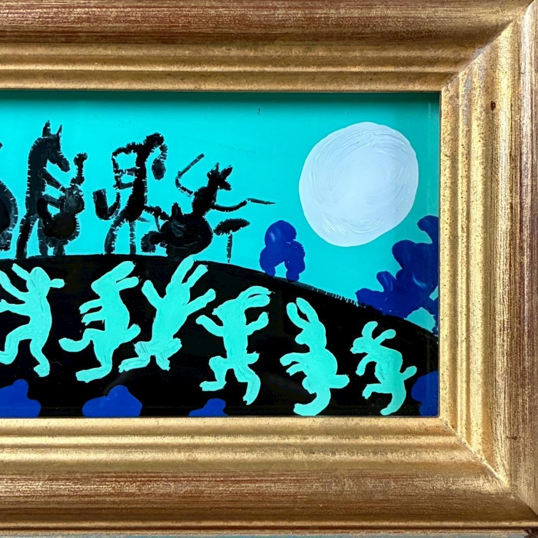 柚木沙弥郎「つきよのおんがくかい」ガラス絵 肉筆 直筆サイン入 共シール 民藝