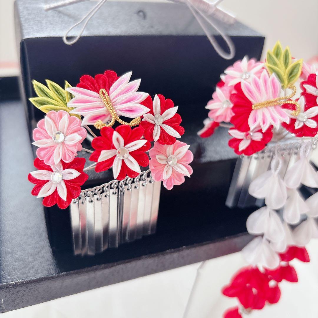 七五三　赤　ピンク　勝山かんざし　髪飾り　簪　かのこ　ちんころ　日本髪　７歳