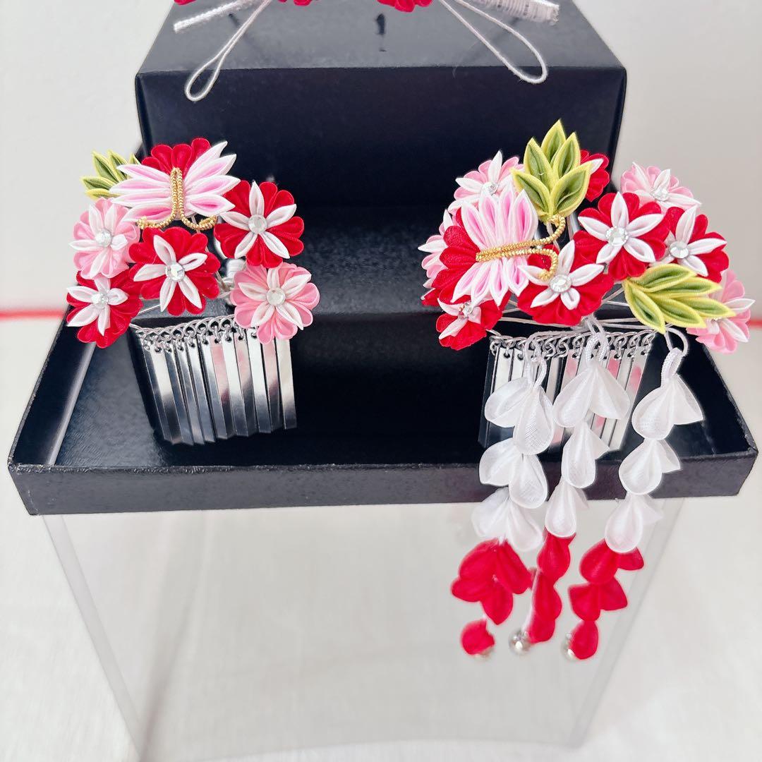 七五三　赤　ピンク　勝山かんざし　髪飾り　簪　かのこ　ちんころ　日本髪　７歳