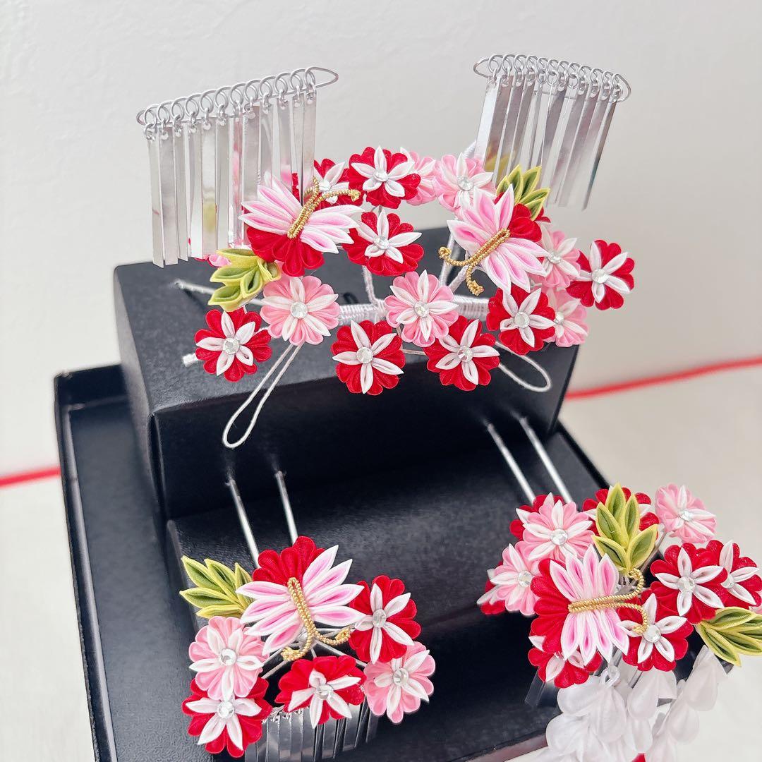 七五三　赤　ピンク　勝山かんざし　髪飾り　簪　かのこ　ちんころ　日本髪　７歳