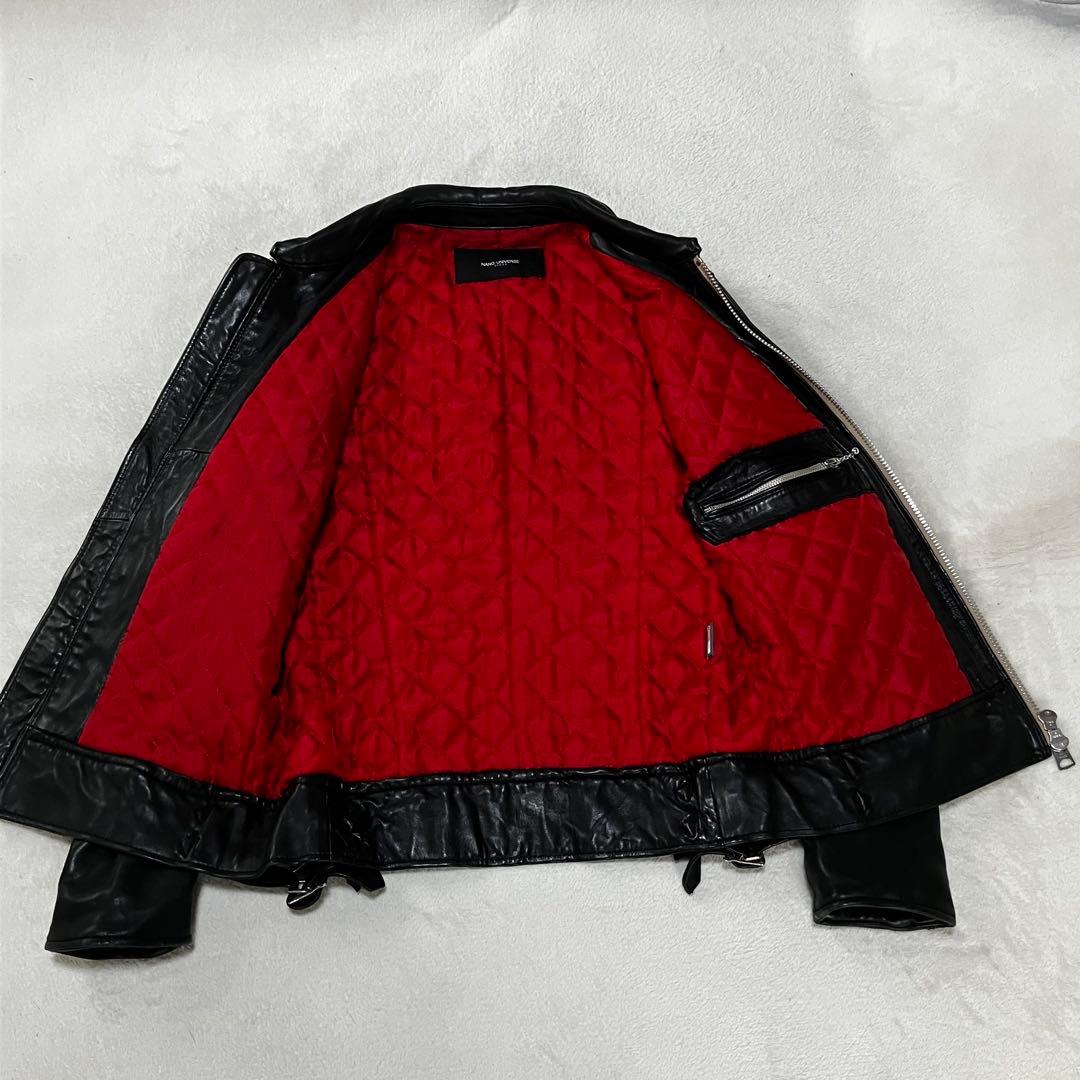ナノユニバース ライダース L ラムレザー 黒×赤 キルティング サーモライト