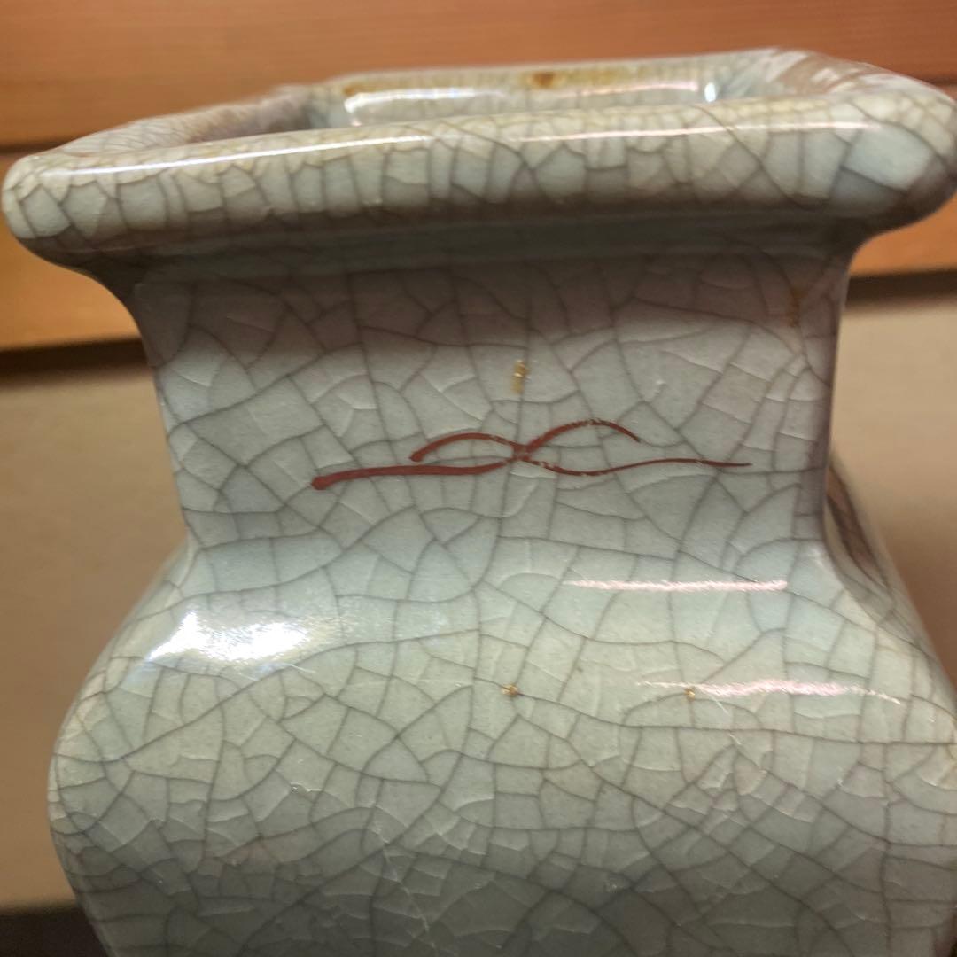 中国古玩　青磁色絵花瓶10cm25cm