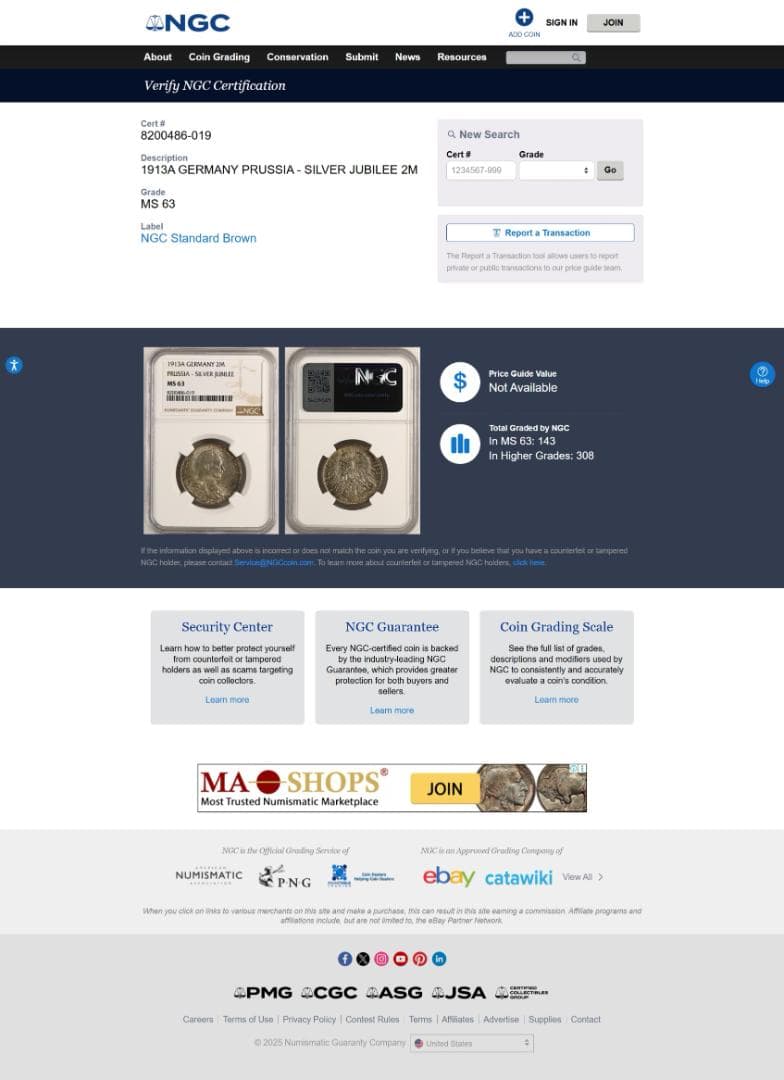 NGC-MS63 ドイツ　プロイセン 　ヴィルヘルム２世　1913A