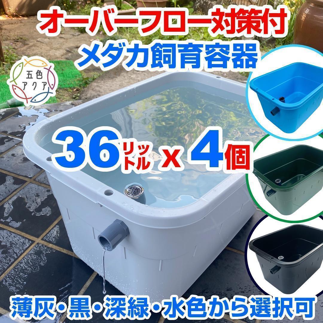 【限定特価】メダカ飼育ケース 36㍑x4個（4色あり）大雨対策付 金魚飼育容器