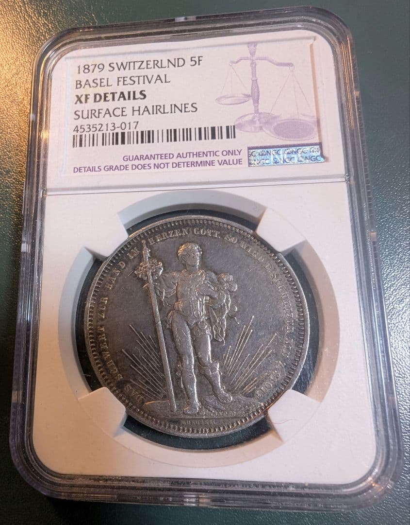 スイス　射撃祭　5フラン銀貨　NGC鑑定品　XF-detail　1879