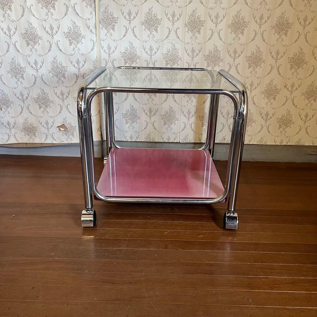 【アンティーク】アイアンフレーム ガラステーブル サイドテーブル キャスター付き