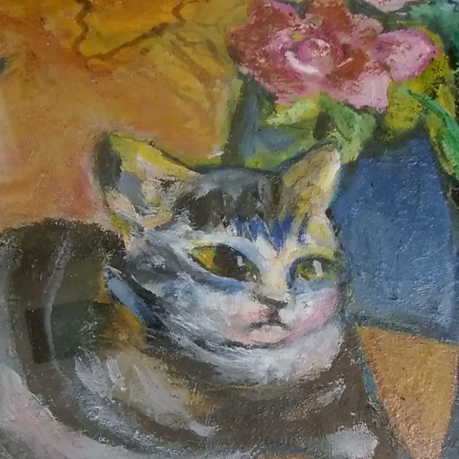 ＊猫油絵　油彩 『猫と花』6F 亀本よし子 (直筆サイン入り)