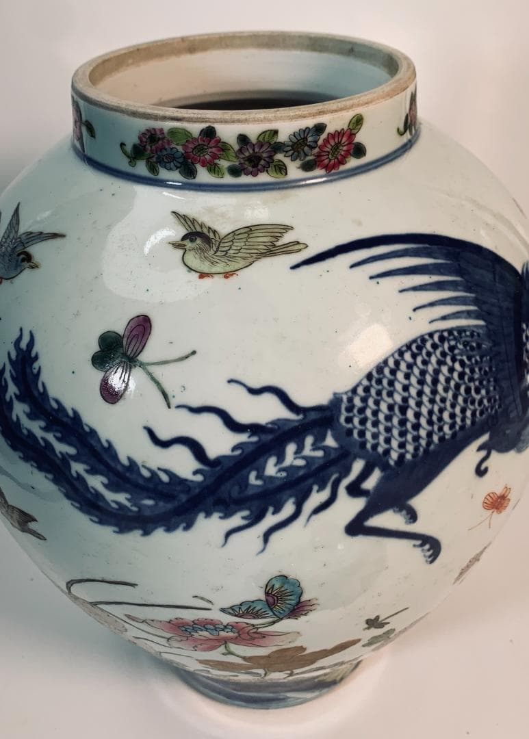 民国前期 景徳鎮 粉彩五彩 将軍罐 大型 有蓋壺／鳳凰・麒麟・花鳥図 約43cm