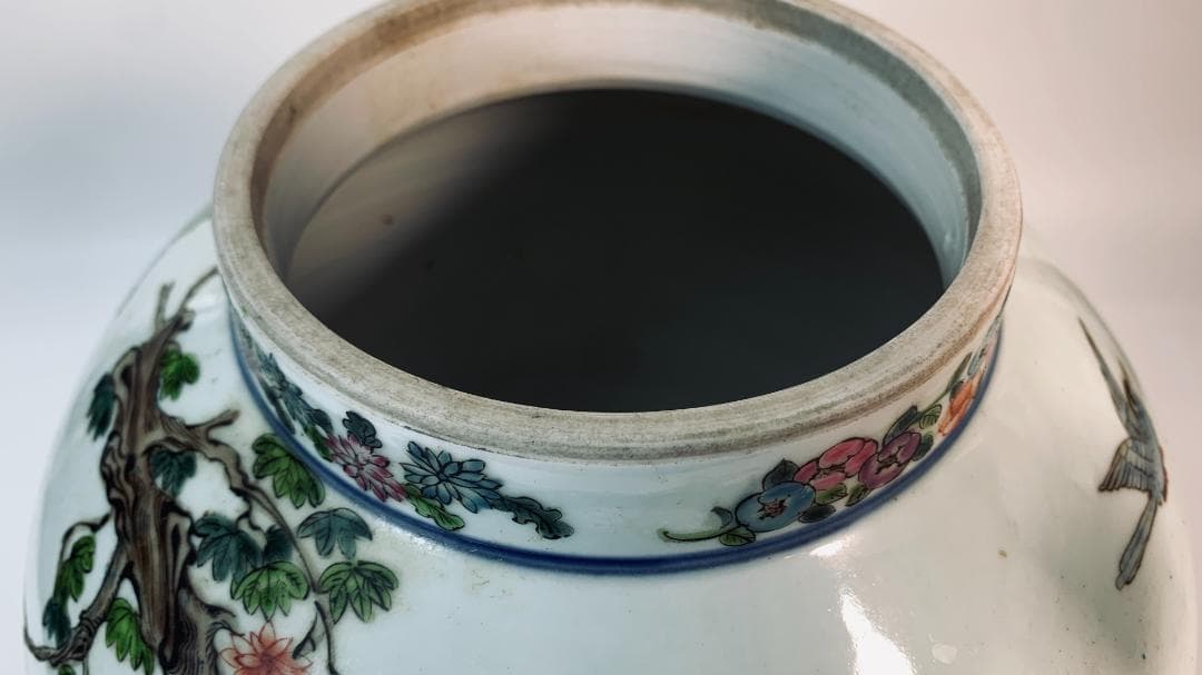 民国前期 景徳鎮 粉彩五彩 将軍罐 大型 有蓋壺／鳳凰・麒麟・花鳥図 約43cm