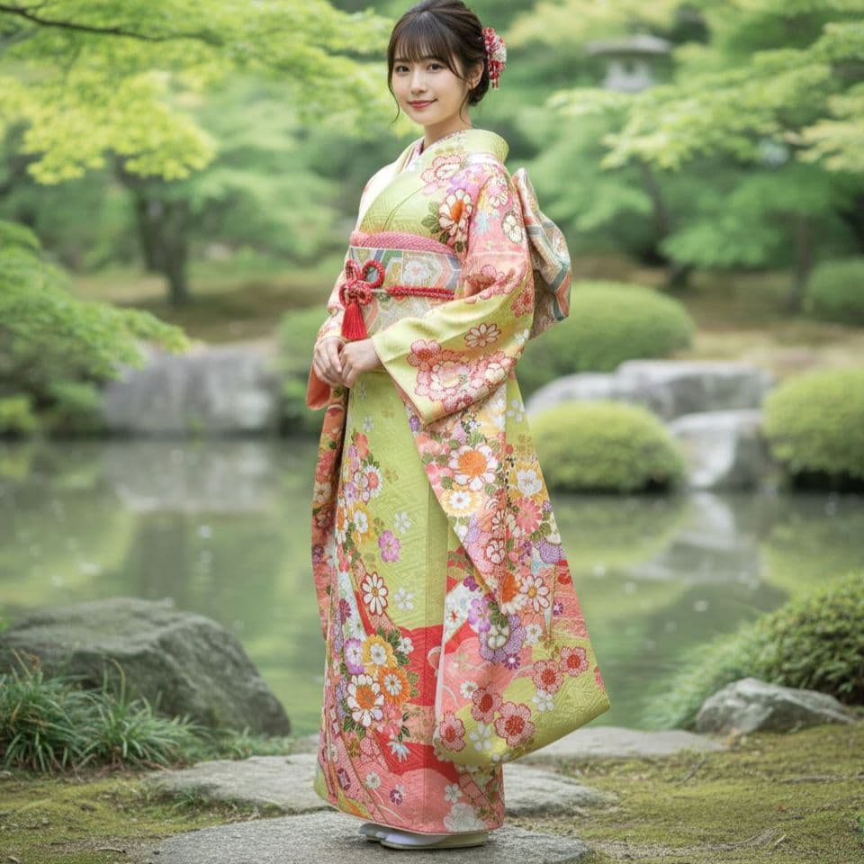 SALE中！振袖フルセット(7点)・成人式・金駒刺繍・金彩加工・鹿の子柄・正絹