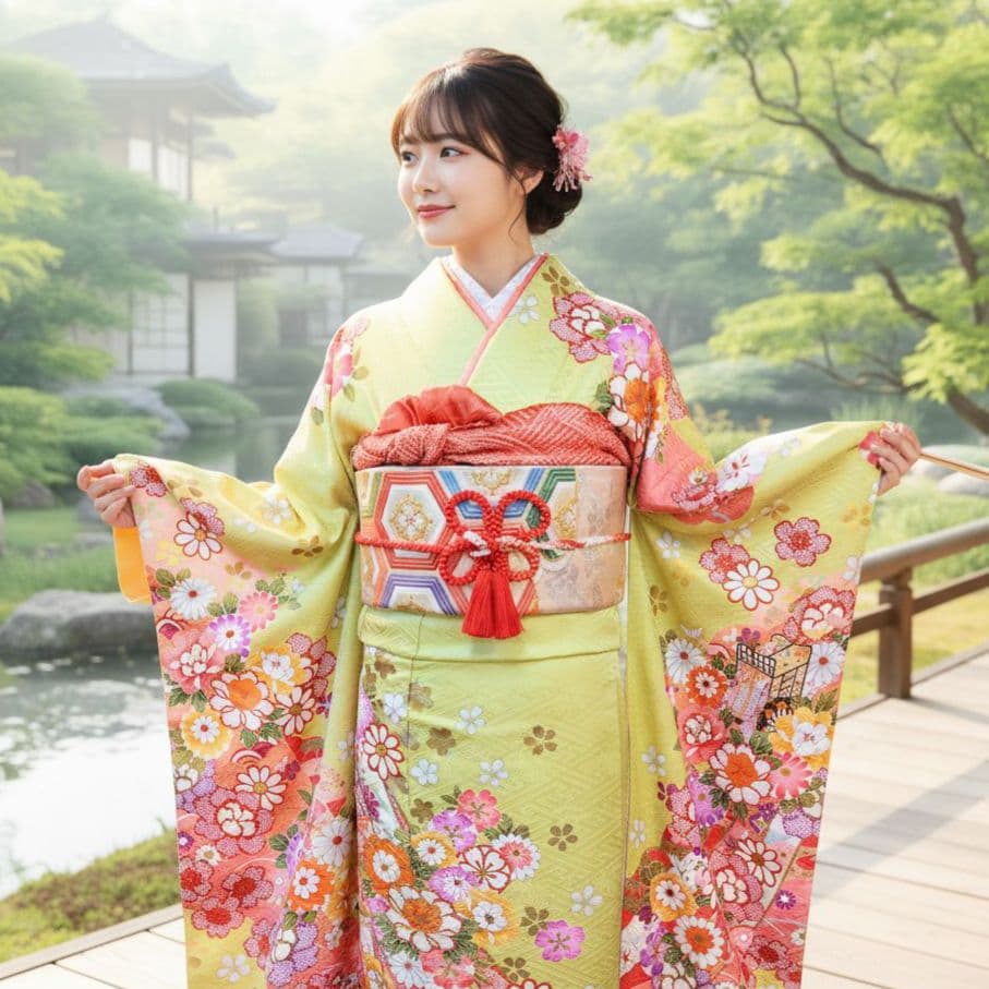 SALE中！振袖フルセット(7点)・成人式・金駒刺繍・金彩加工・鹿の子柄・正絹