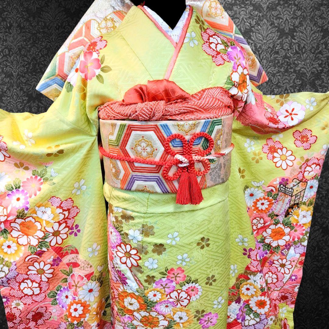 SALE中！振袖フルセット(7点)・成人式・金駒刺繍・金彩加工・鹿の子柄・正絹