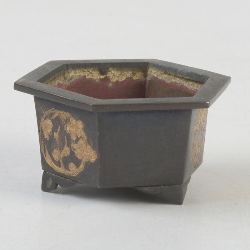 中国　古銅　金彩　花草文　小さな香炉　V　9641